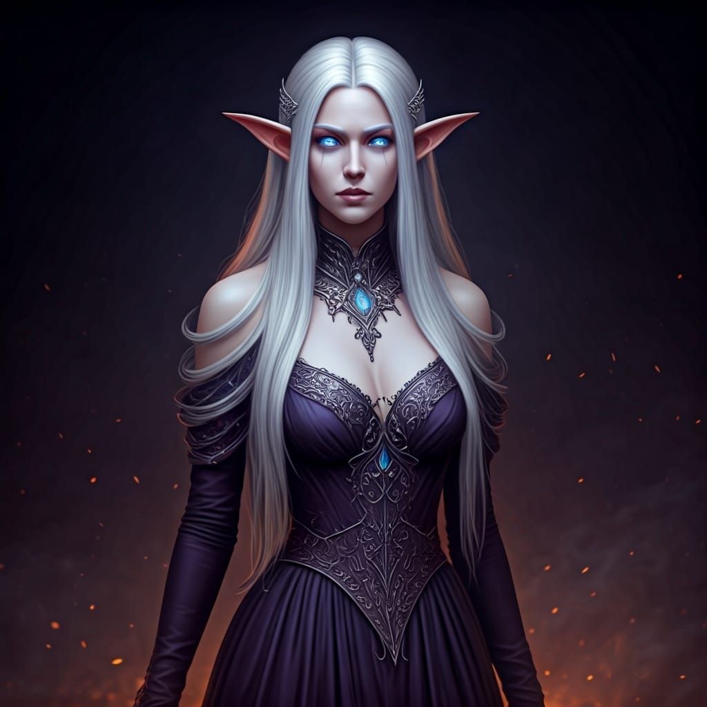 Elven Woman with Glowing Eyes in Dark Fantasy Style