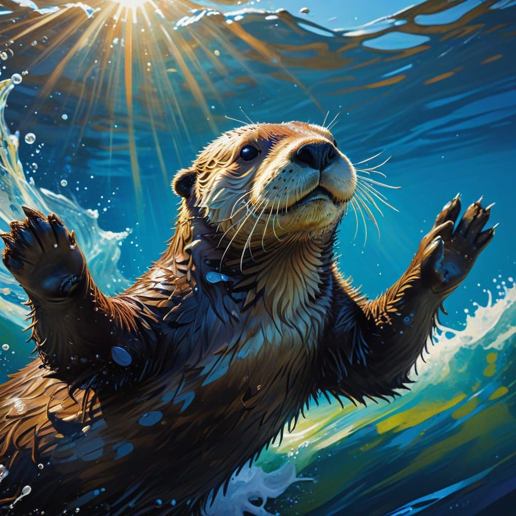 Vibrant Street Art Sea Otter Diving and Floating