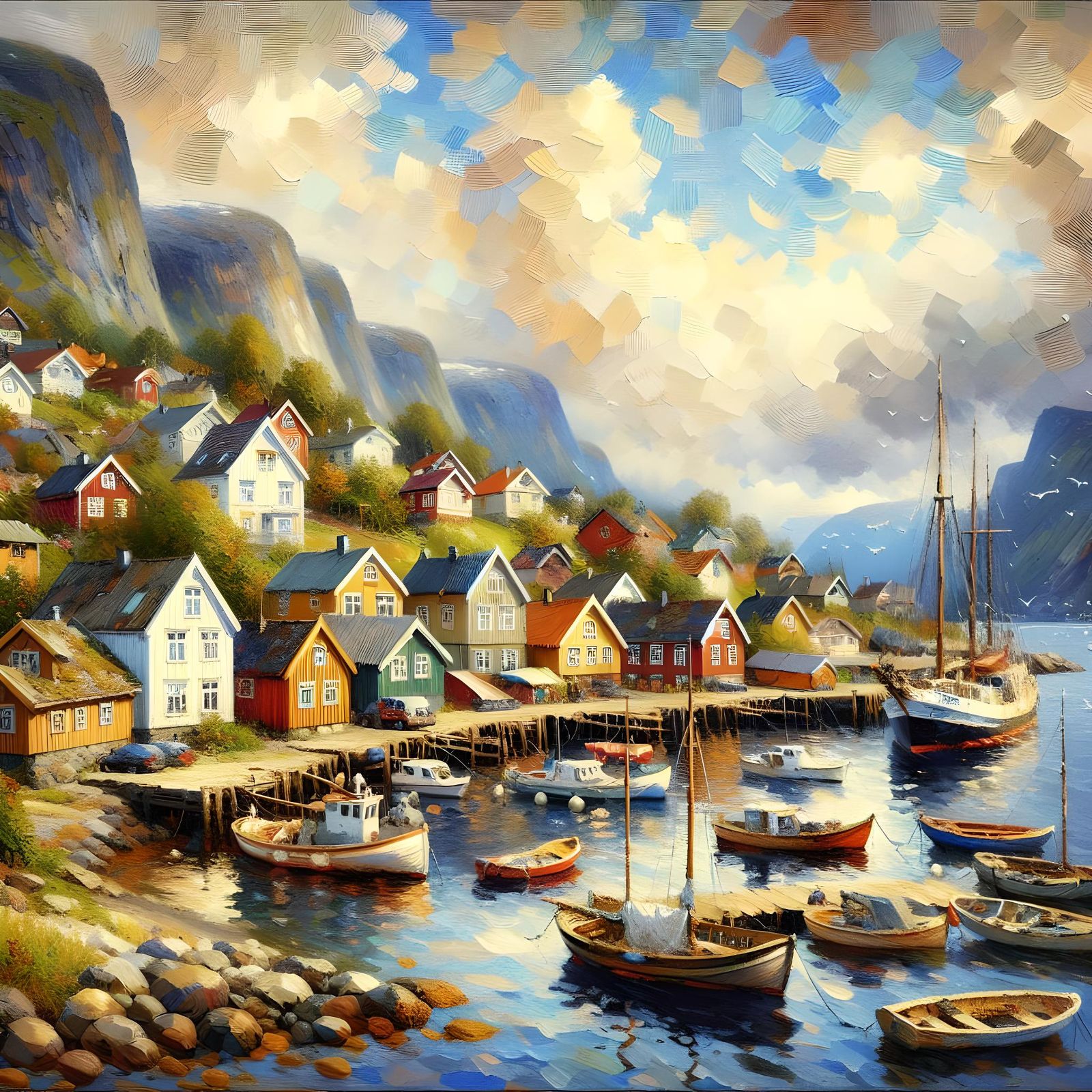Idyllic Norwegian Village as Impasto Painting