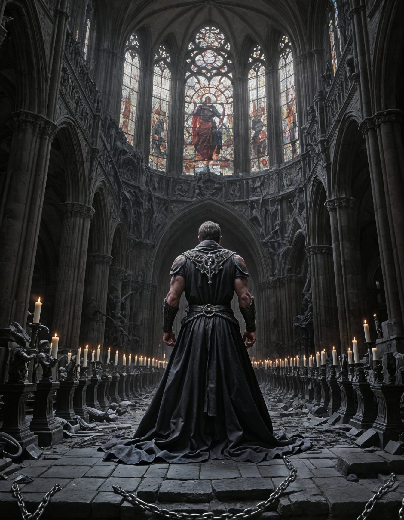 A lone warrior stands at the center of a crumbling gothic building