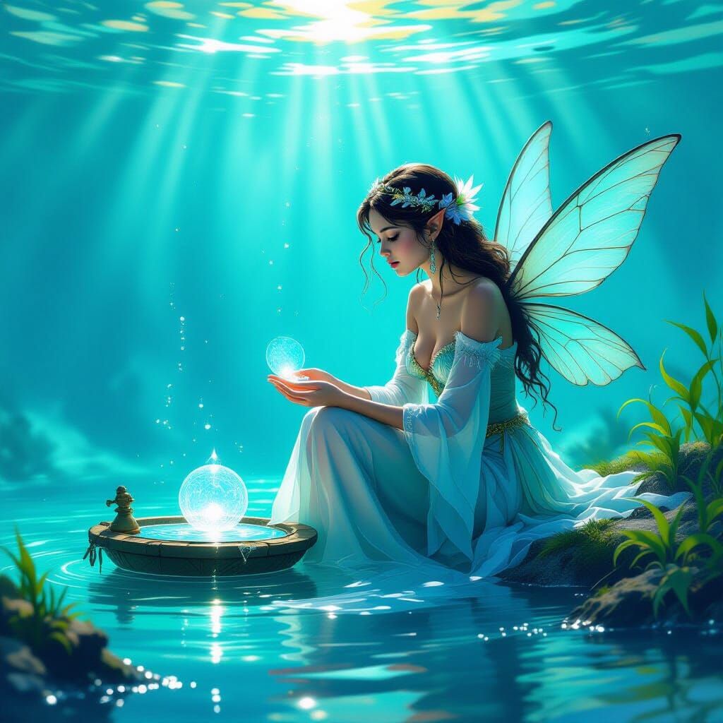 Fairy Consults Oracle in Dreamy Aquatic Scene