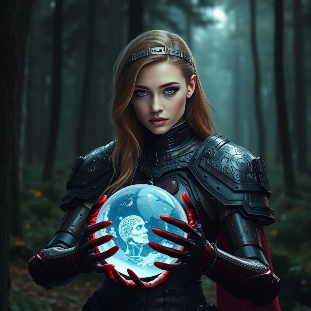 Hyperrealistic Woman in Blood Armor Holding Sphere