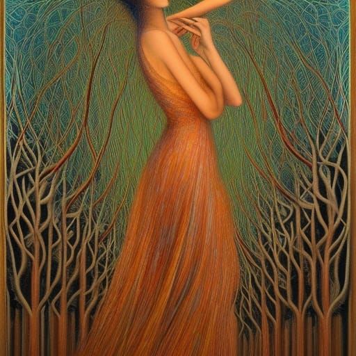 Sunset-Human Hybrid in Glass Forest, Digital Art