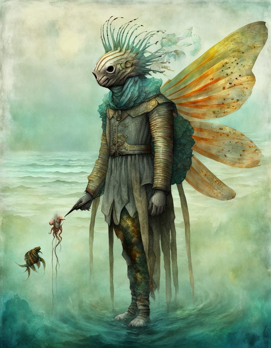 Surreal Underwater Emissary with Lionfish Wings and Gelatino...