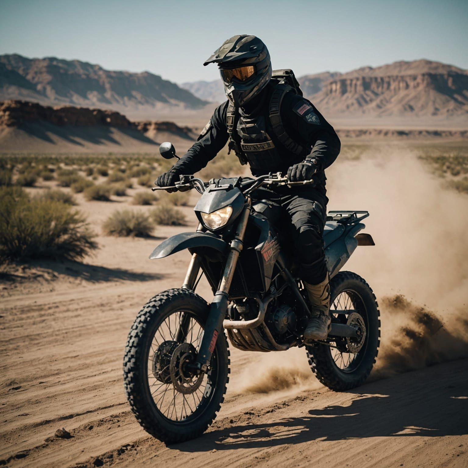 Heavily Armed PMC on Dirt Bike in Desert