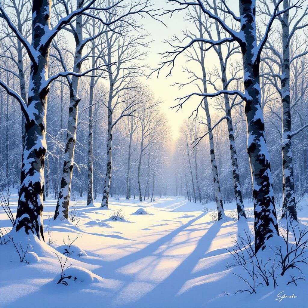 Peaceful Winter Forest Scene with Frosted Branches
