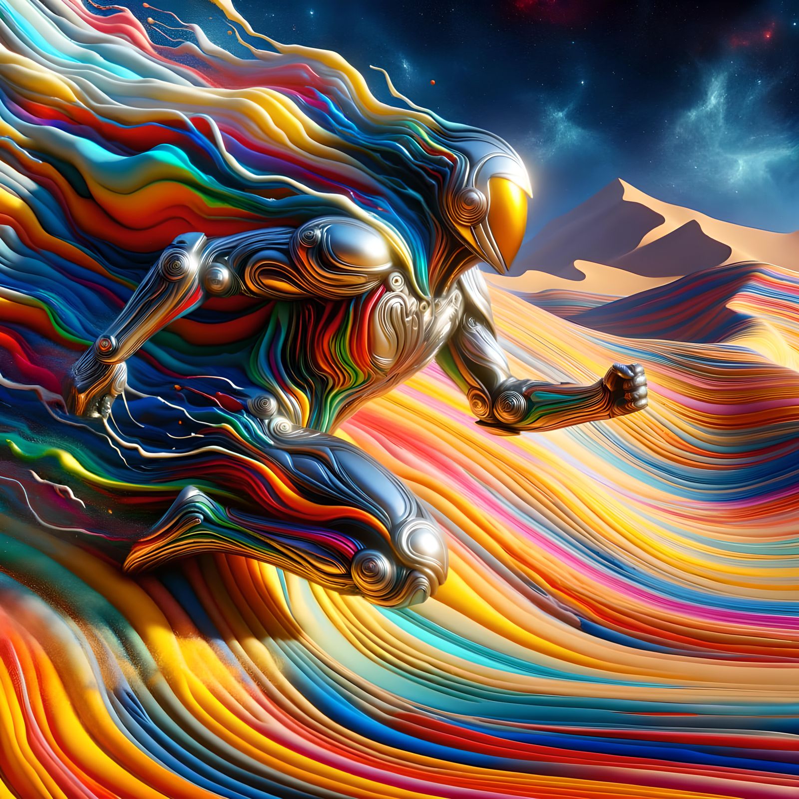 Knight Battles Time in Surreal Rainbow Desert