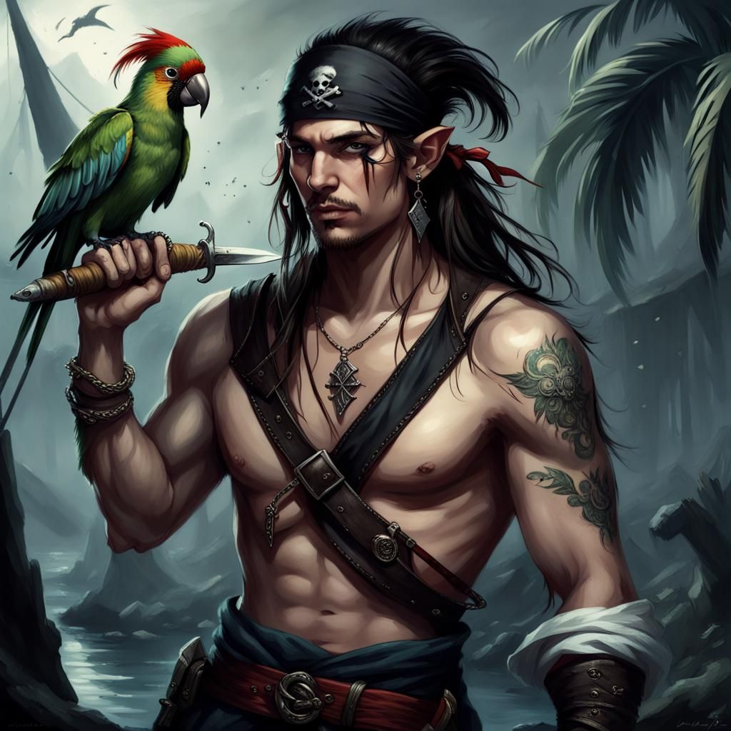 Dark Fantasy Elf Pirate with Parrot