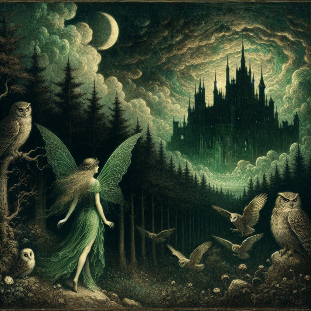 Gothic Fairy in Dark Forest with Castle