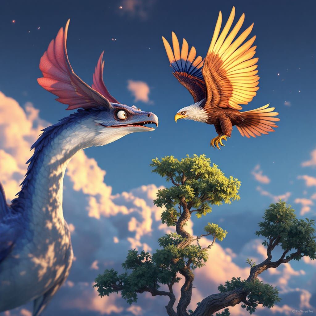 Pixar Style Pterodactyl and Eagle Clash in Sky