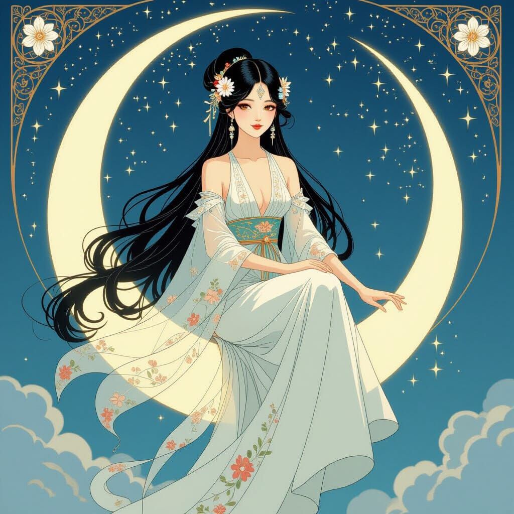 Asian Fairy on Crescent Moon in Starlit Sky