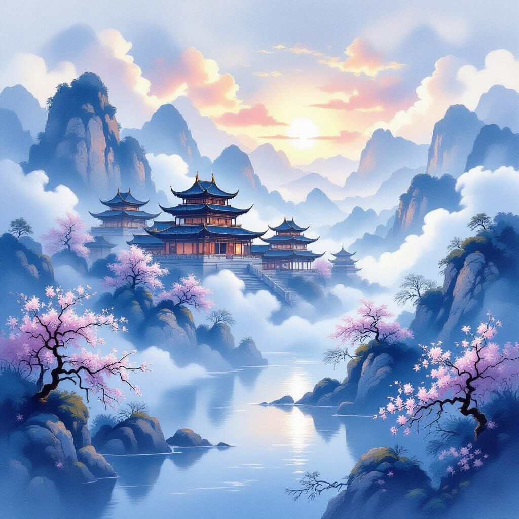 Ethereal Chinese Palaces Above Misty Mountains in Watercolor...