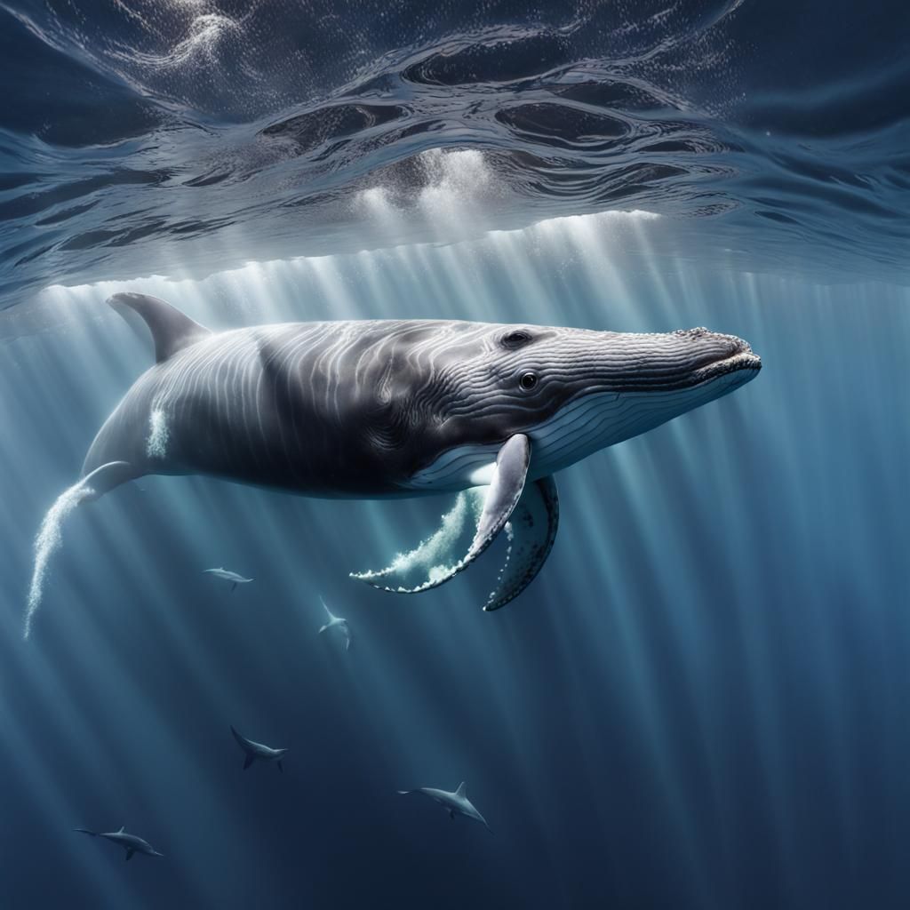Humpback Whale Swimming with Dolphins Underwater