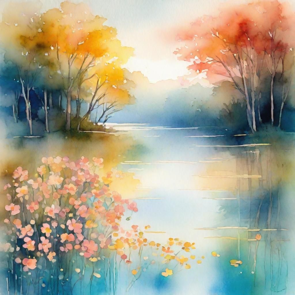 Impressionistic Lake Scene in Watercolor Style