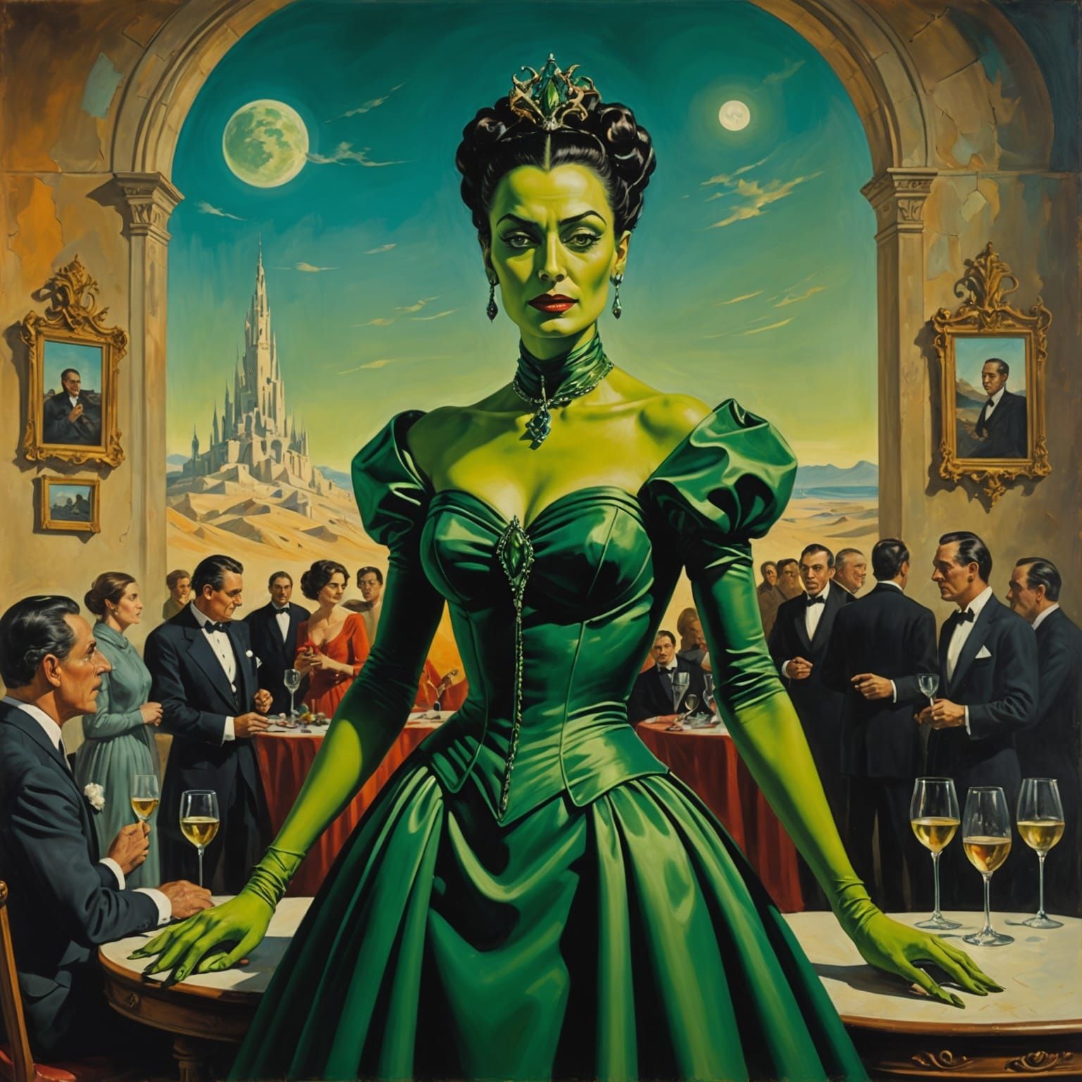 Elegant Green Skinned Orc in Evening Gown at Surrealist Gala