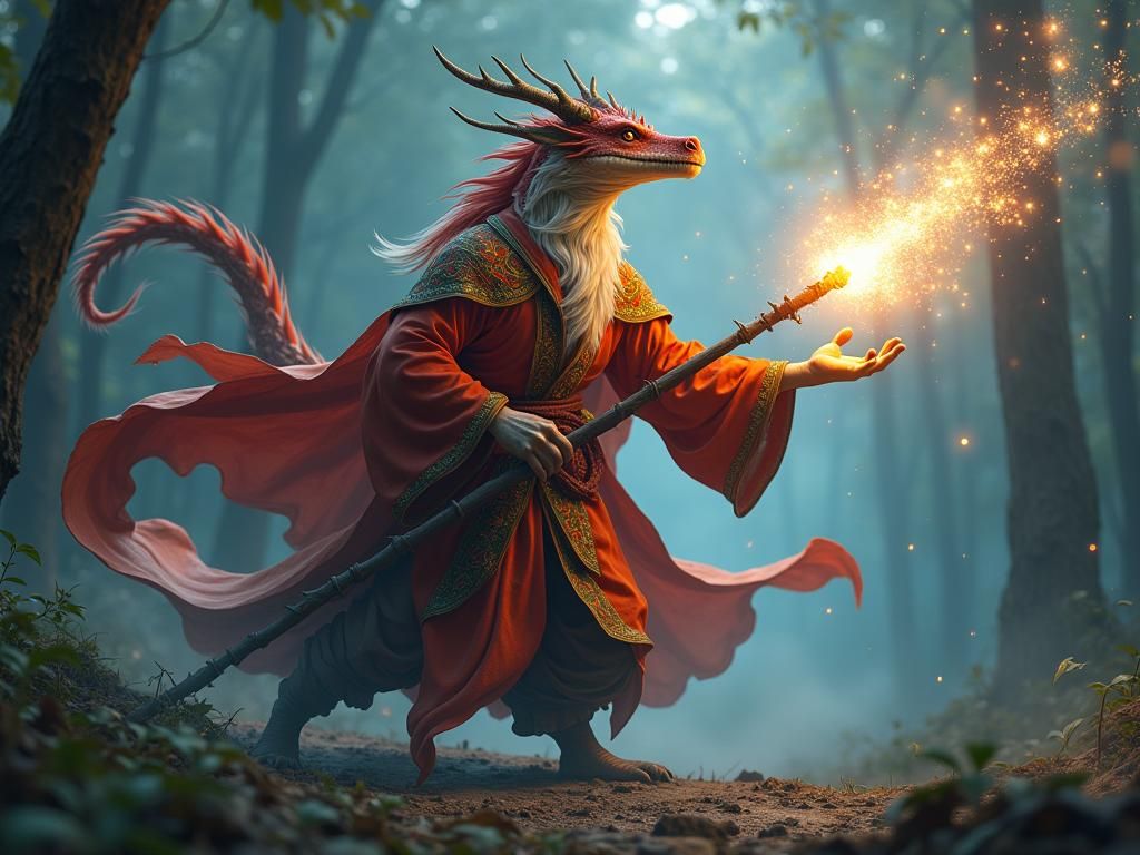 Dragon Wizard Casting Spell in Dark Forest Fantasy Art