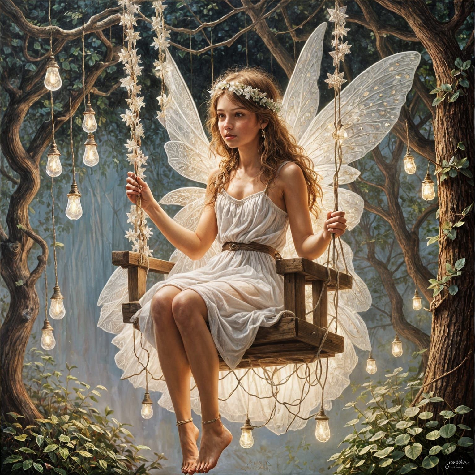Fairy on String Swing: Oil Painting Aesthetic