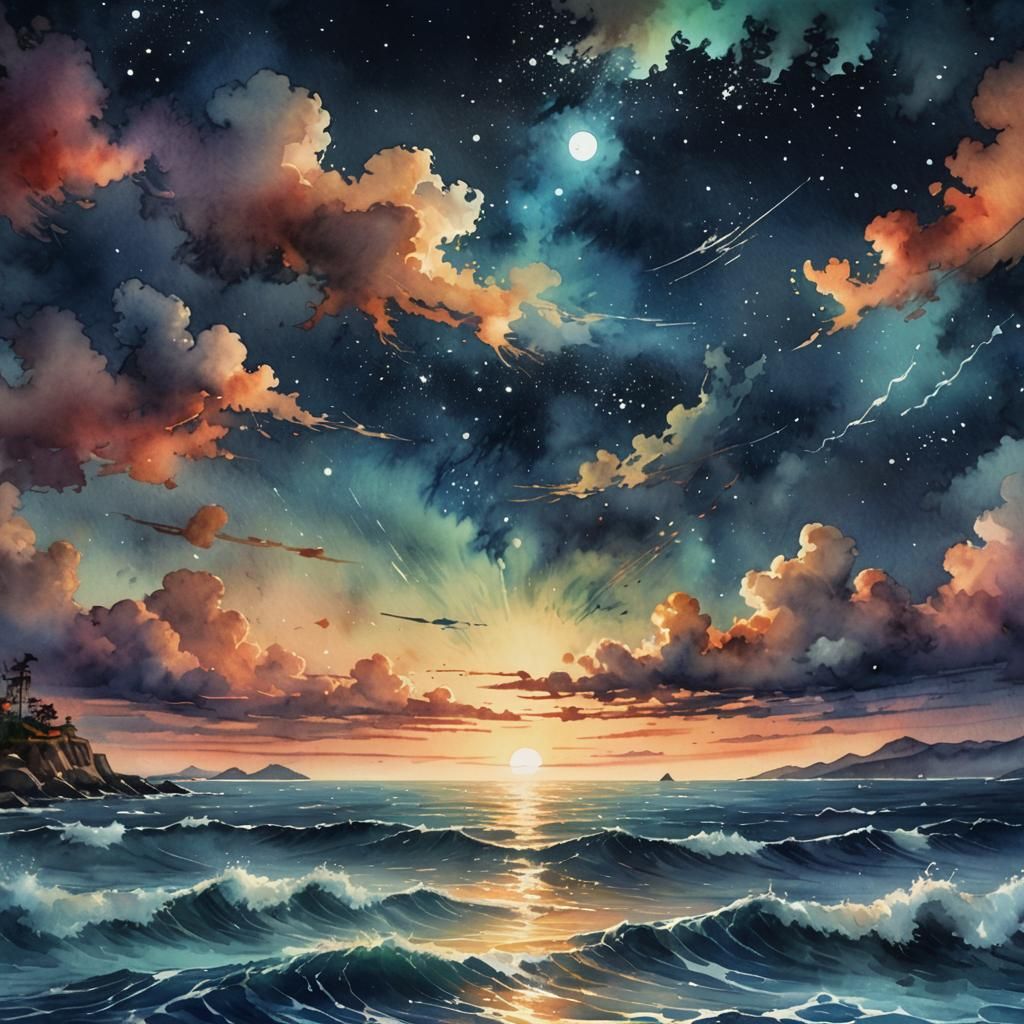 Watercolor Night Sky Over Ocean Art
