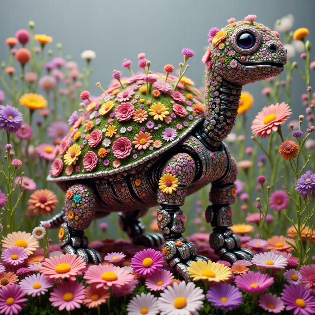 Chrome Robot Dragon-Turtle with Flowers