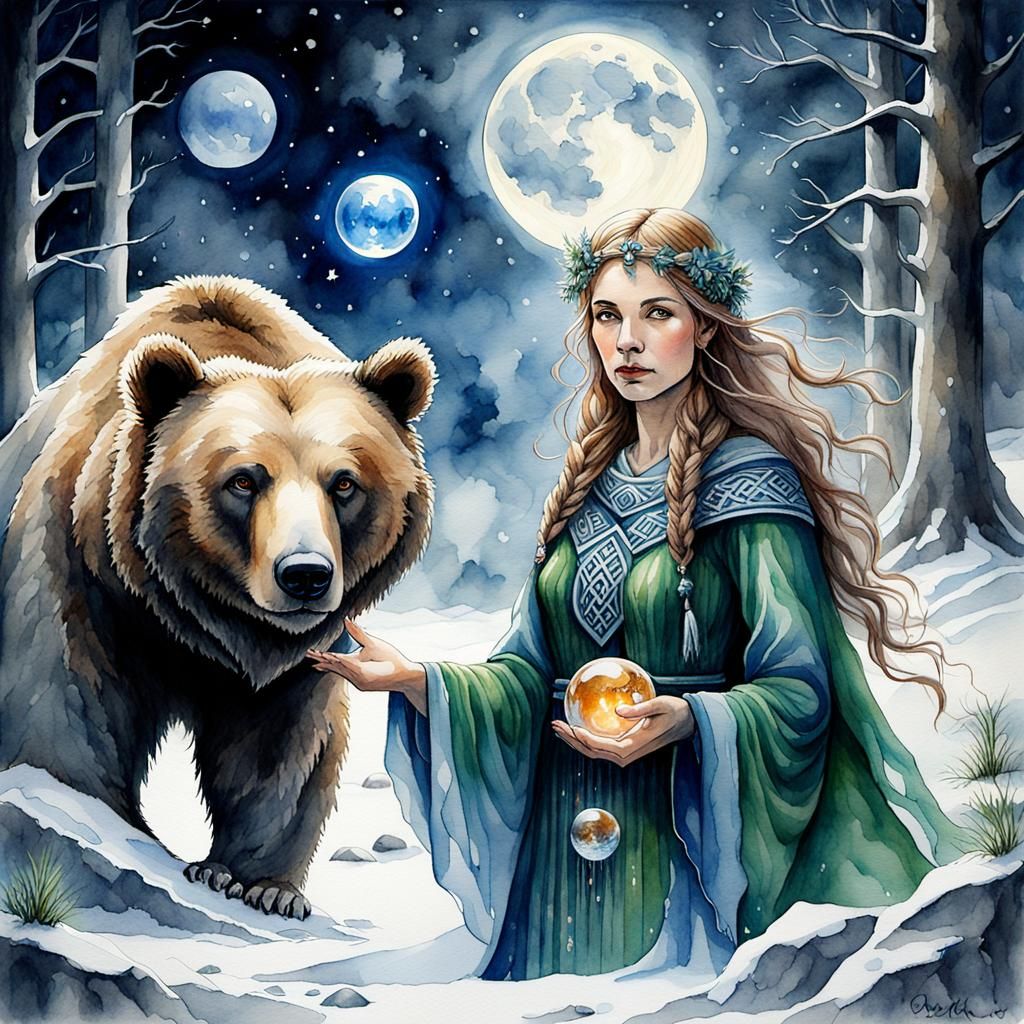 Watercolor Druid Goddess with Bear in Celtic Fantasy