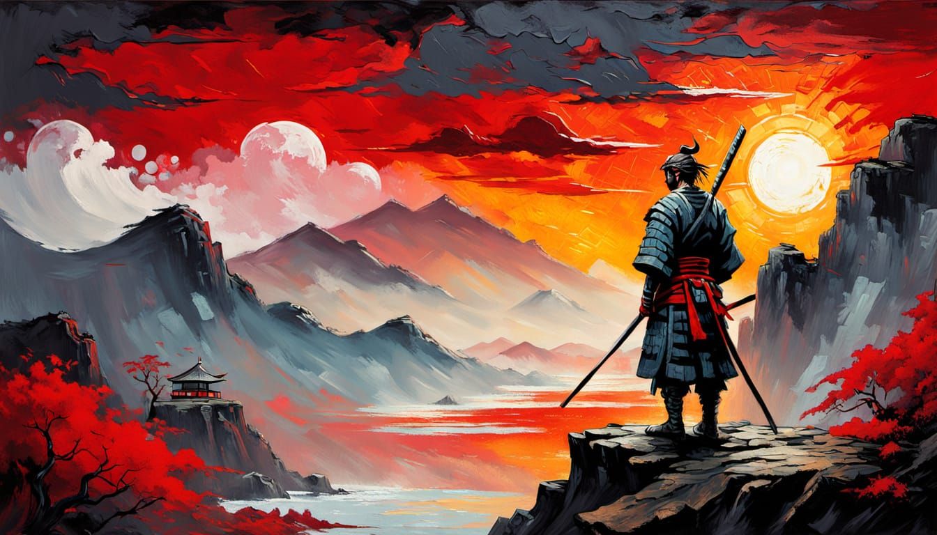 Samurai Warrior at Sunrise: Expressionist Painting