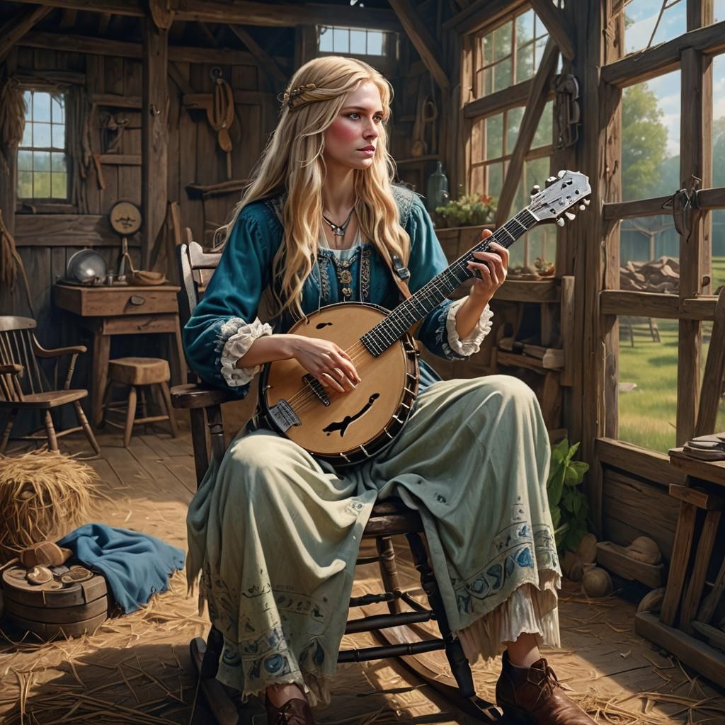 Woman Plays Banjo in Barn: Oil Painting