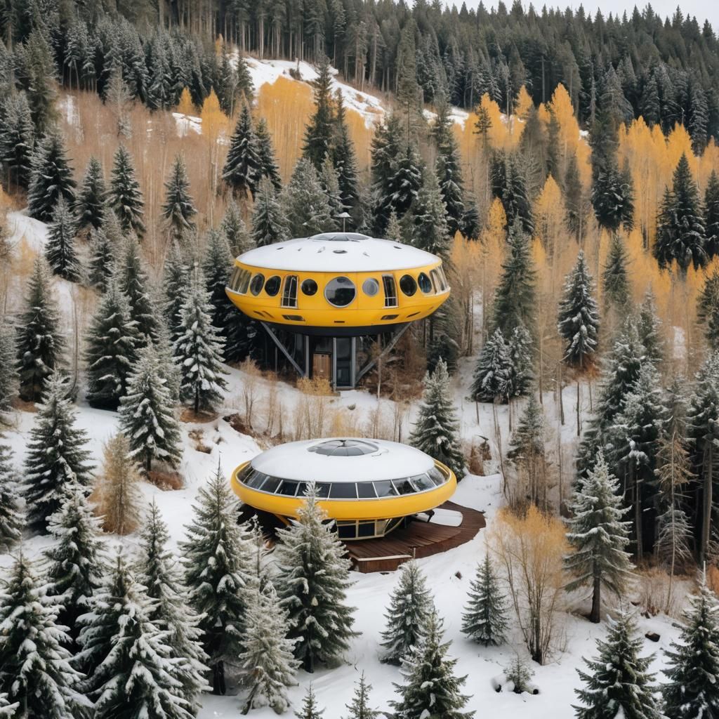 Futuristic Flying Saucer House in Nordic Spruce Forest