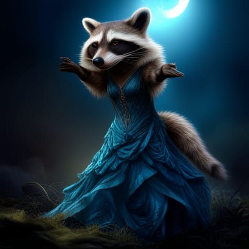 Dancing Anthropomorphic Raccoon in Blue Dress