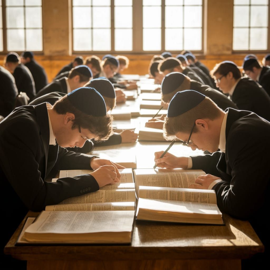 Chassidic Scholars in Warmly Lit Study Hall