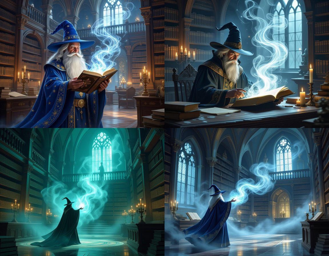 Magician Conjures Ethereal Mist in Castle Library