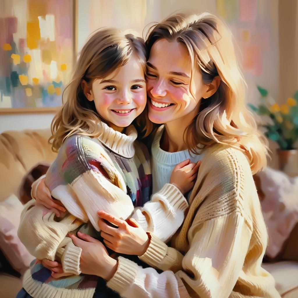 Impressionist Portrait: Woman and Child Embrace