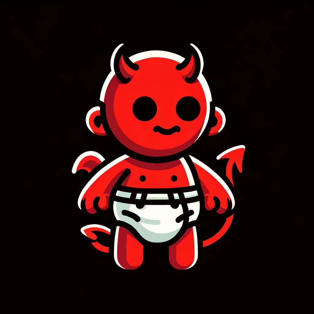 Cartoon Red Devil Baby in Diapers on Black