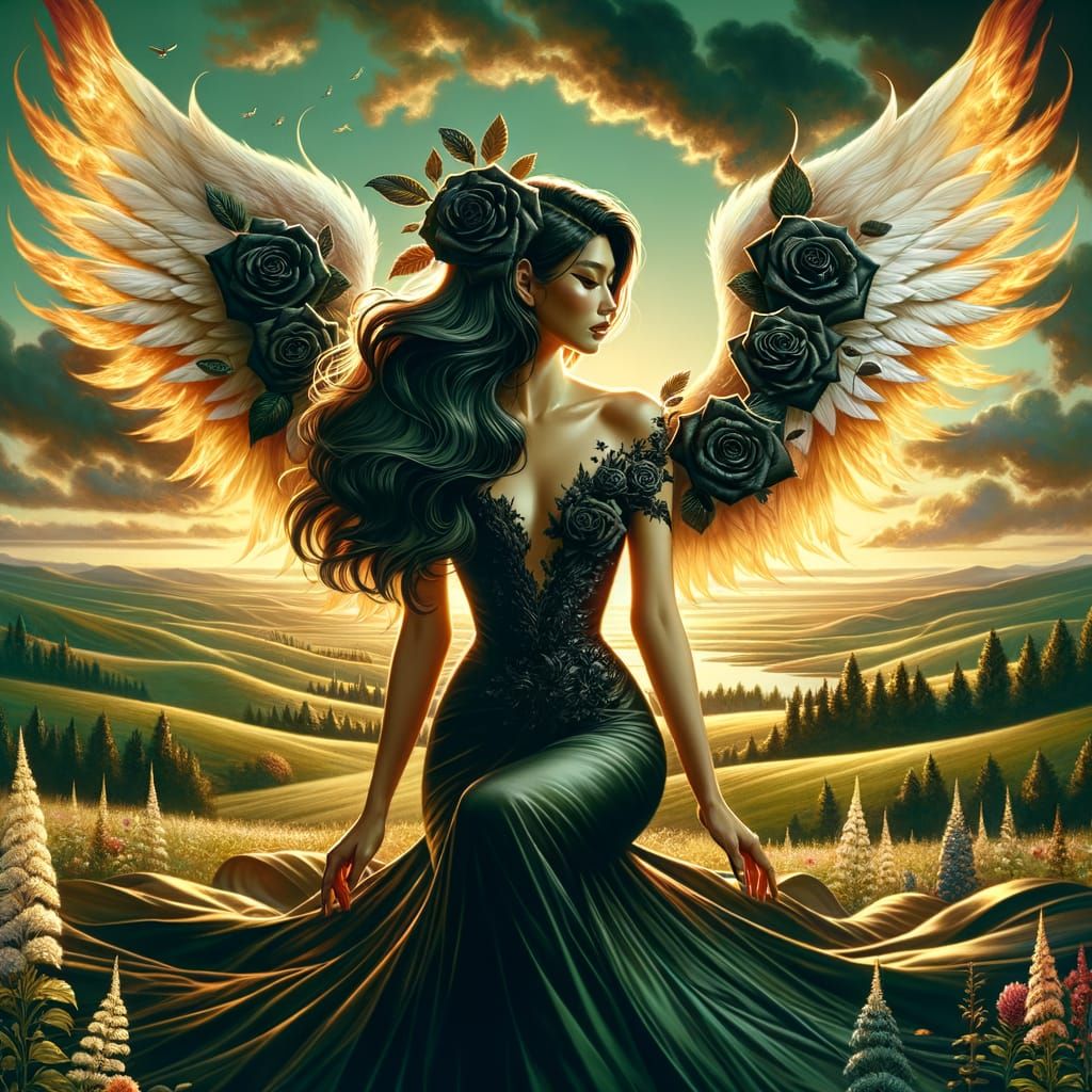 Elegant South Asian Woman with Angel Wings at Sunset