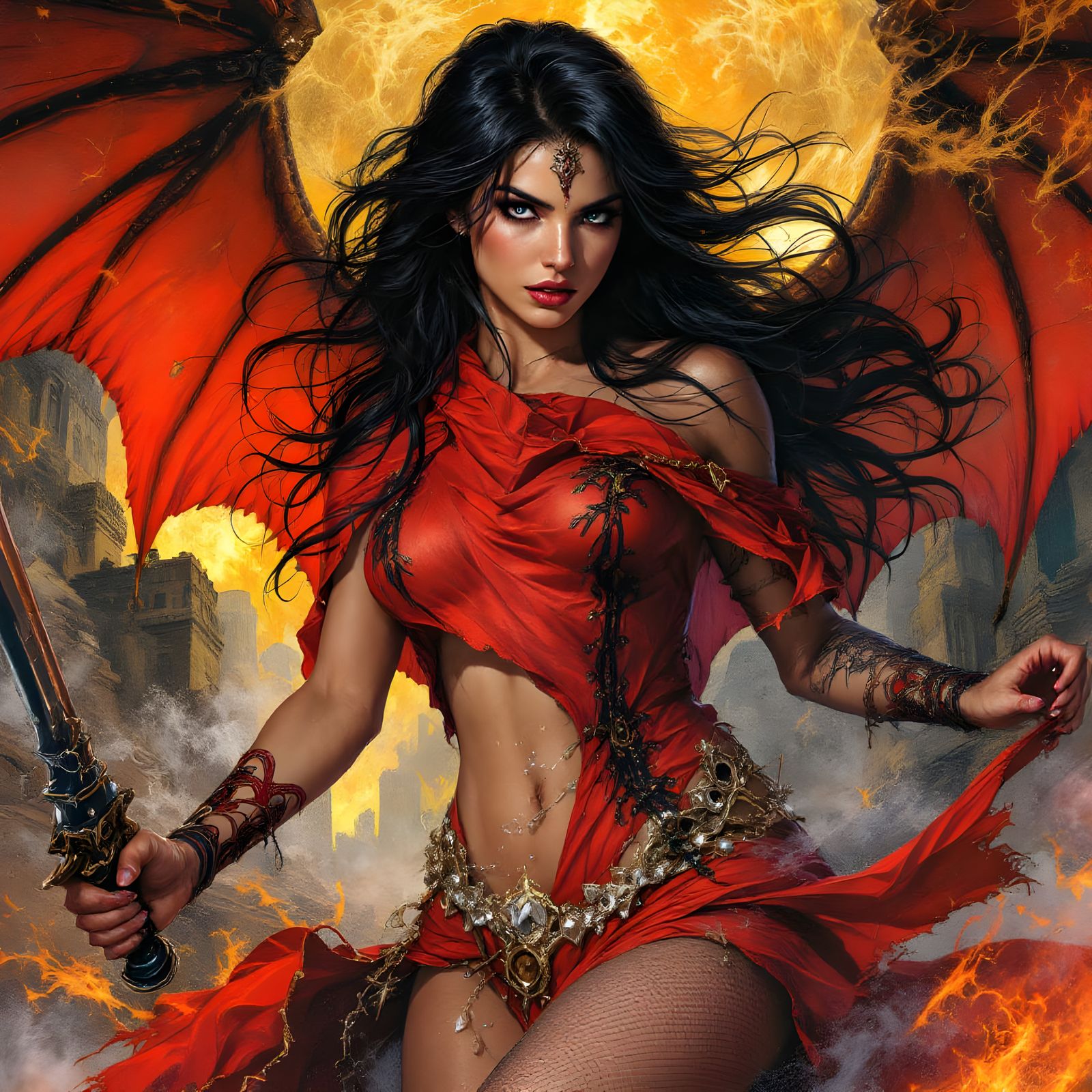 Mythic Realism: Powerful Female Figure in Dramatic Light