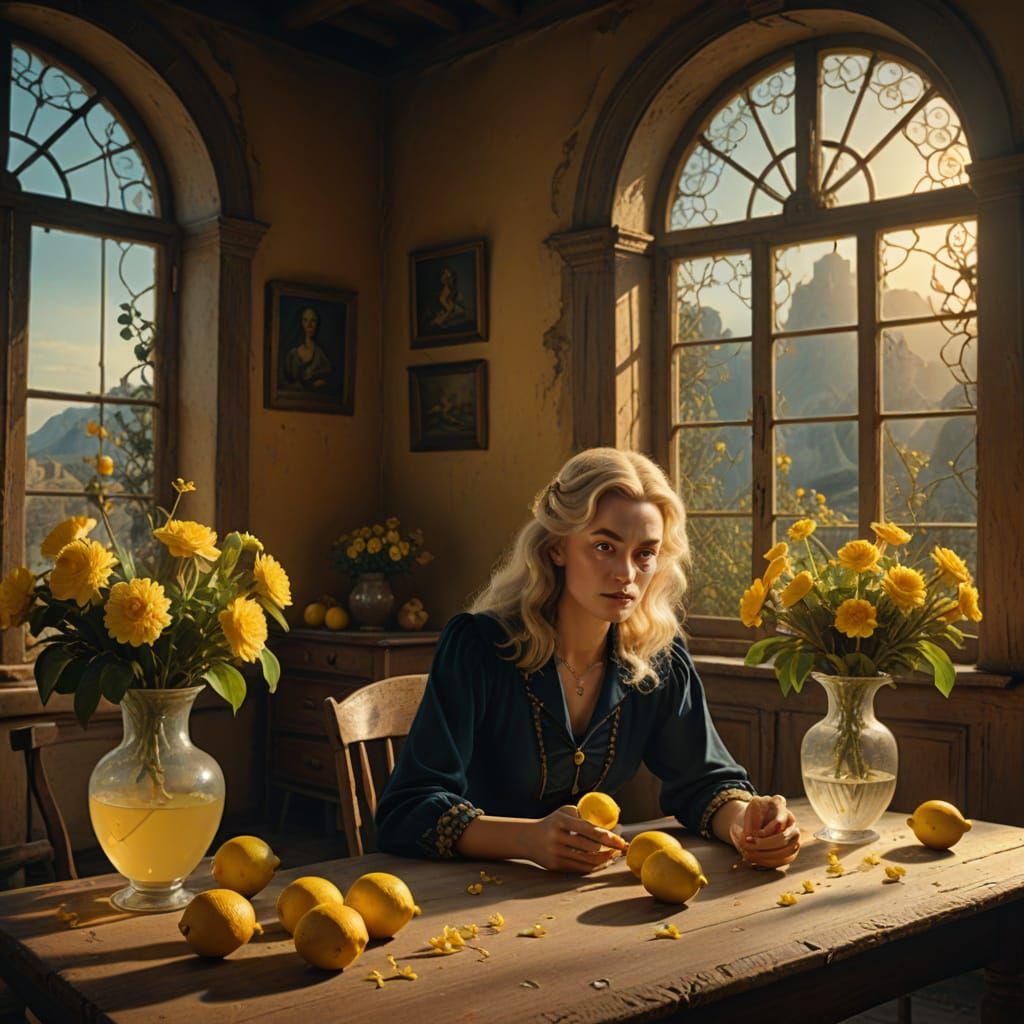 Blond Woman with Lemons: A Surrealist Digital Painting