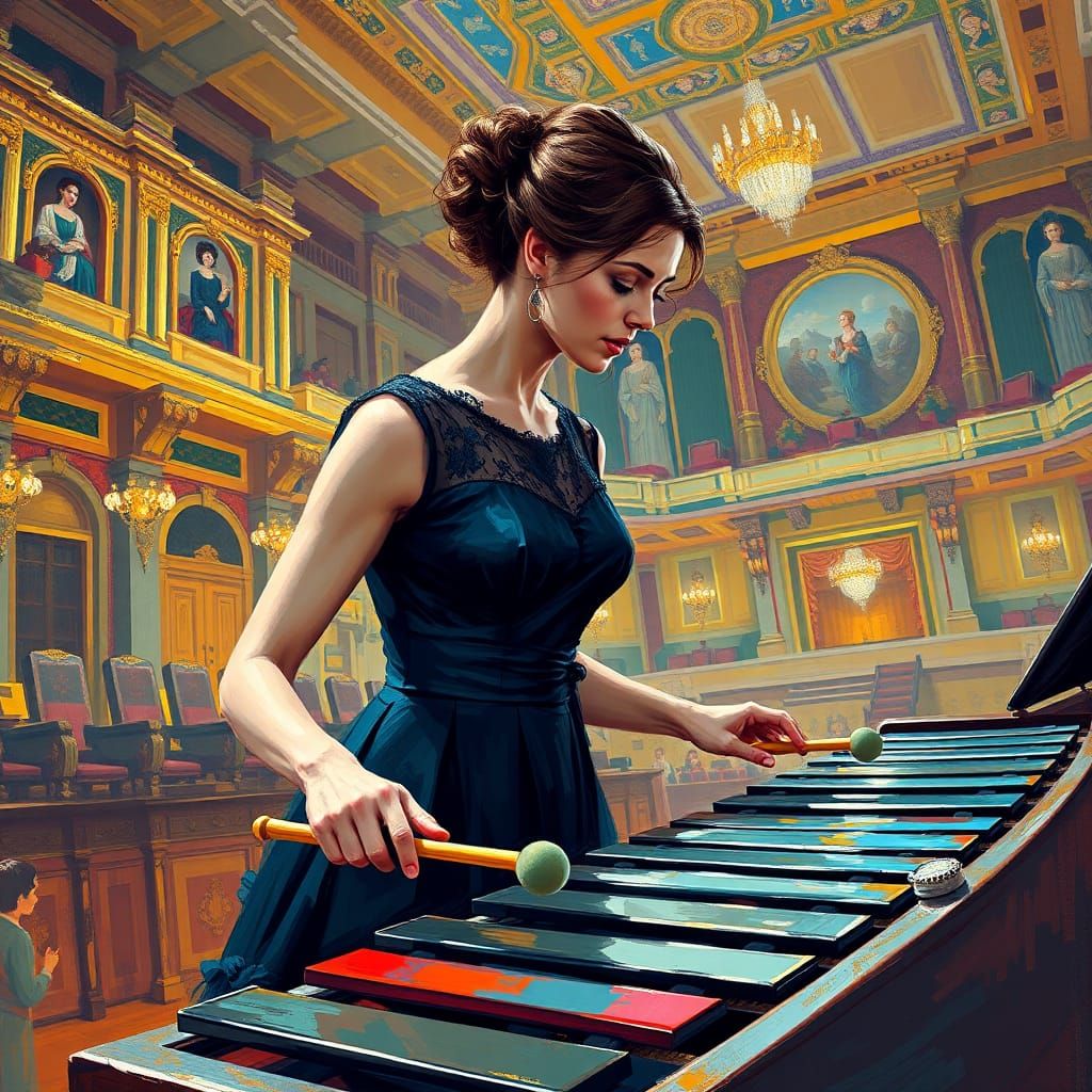 Woman Playing Xylophone in Impressionist Orchestra