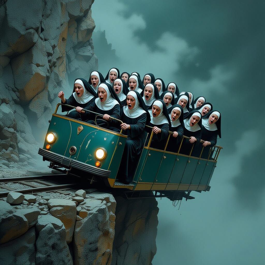 Terrified Nuns on Cliff Edge, Digital Art
