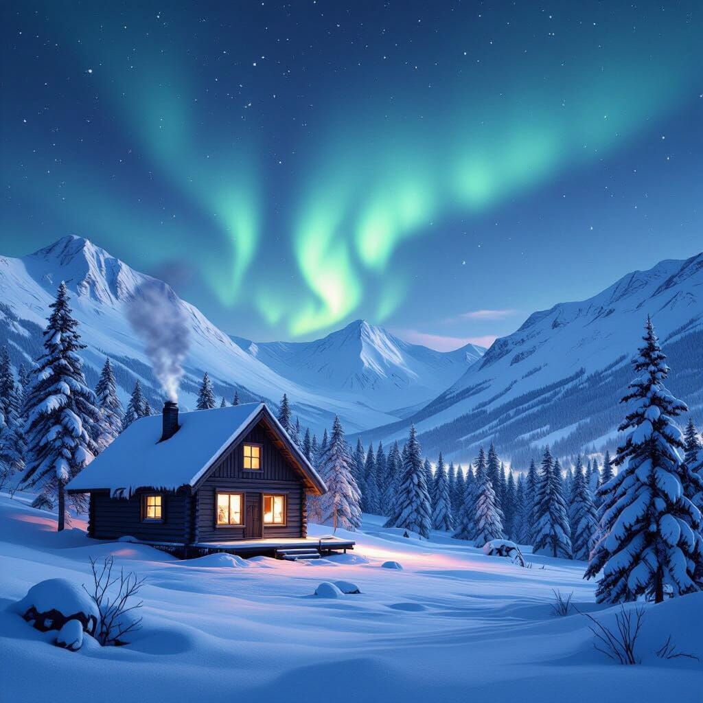 Nordic Winter Cabin Under Northern Lights in 8K