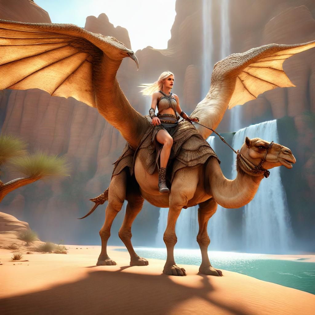 Blonde Warrior Rides Winged Camel in Fantasy World