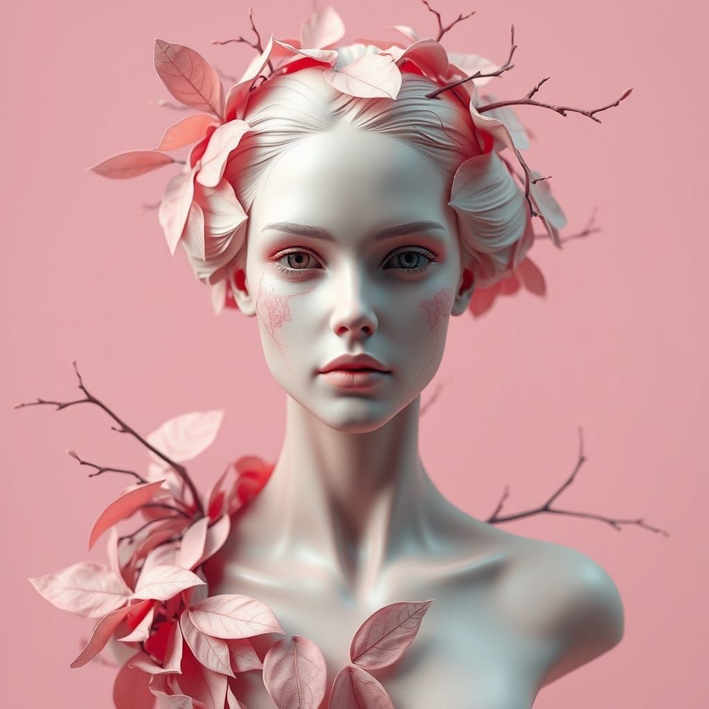 Biomechanical Female Bust Emerging from Pink Flora