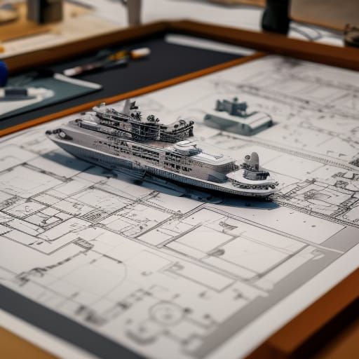 Detailed Space Cruise Ship Schematic on Drafting Table