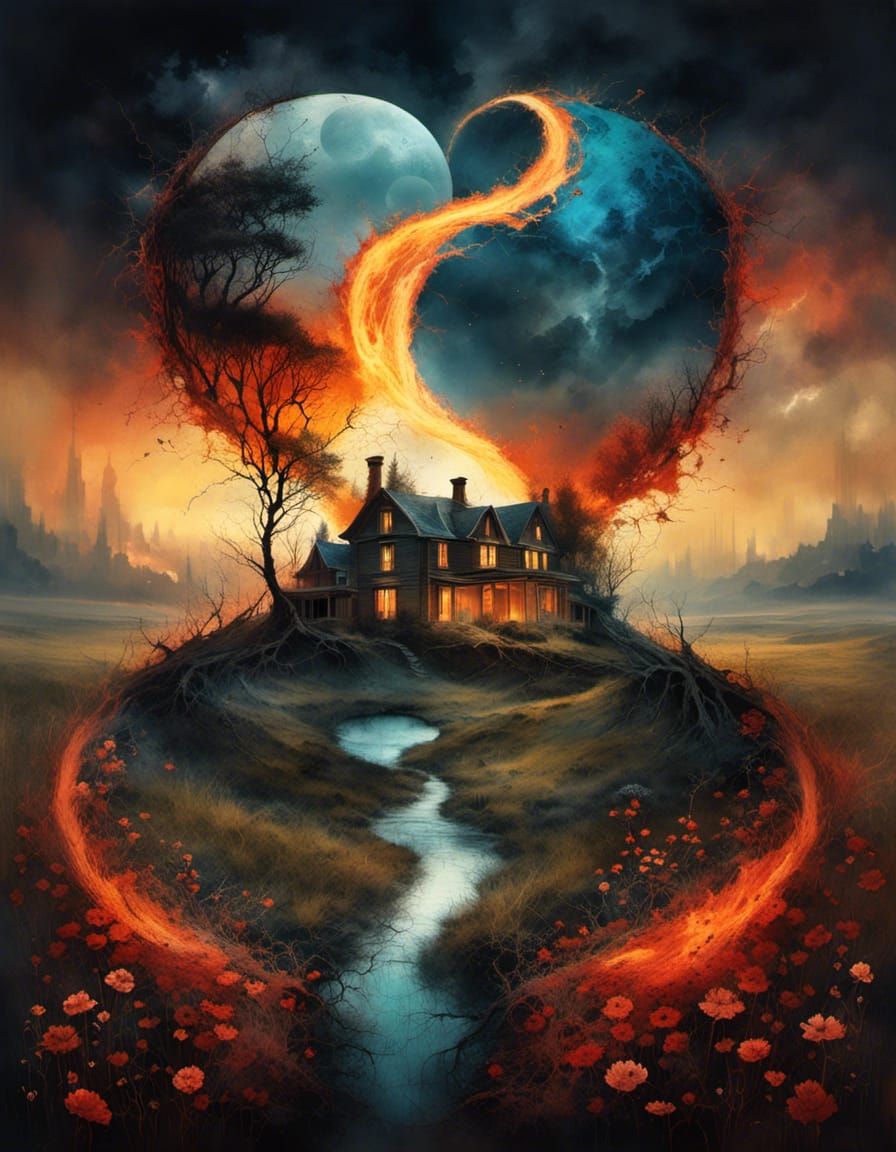 Fiery Yin Yang Heart in Surreal Garden