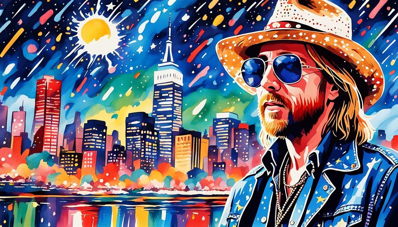 Tom Petty Portrait in Rainy New York, Watercolor Pop Art