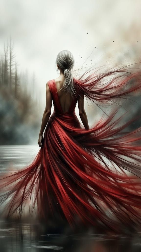 Woman in Disintegrating Red Dress Overlooking Serene Landsca...