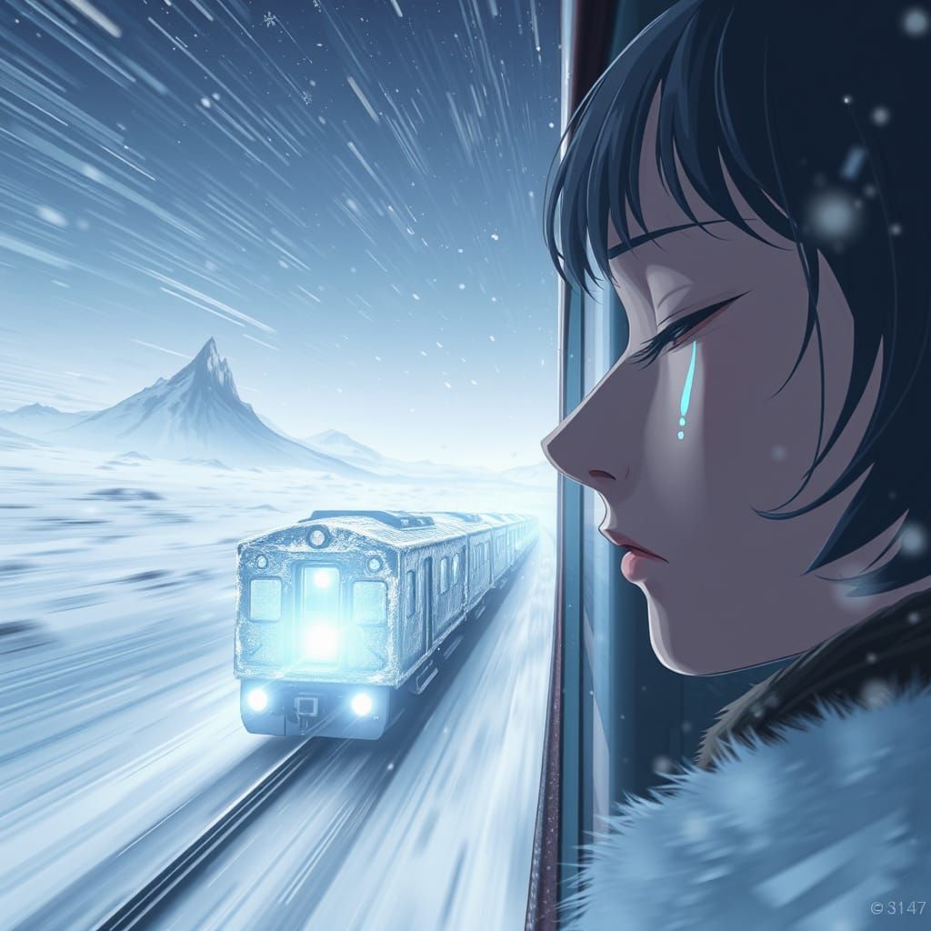 AI Anime Art: Desolate Winter Train Journey Through Blizzard