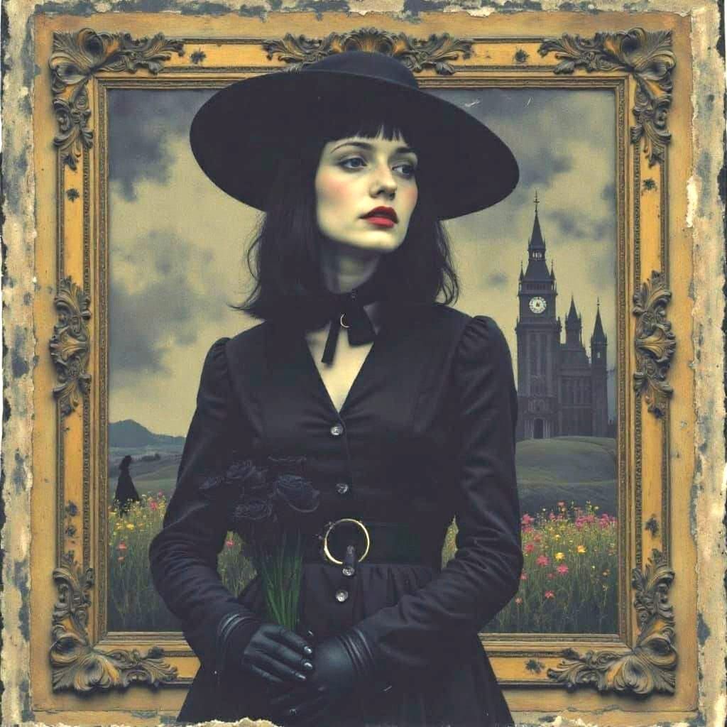 Gothic Girl Portrait in Ornate Gilded Frame