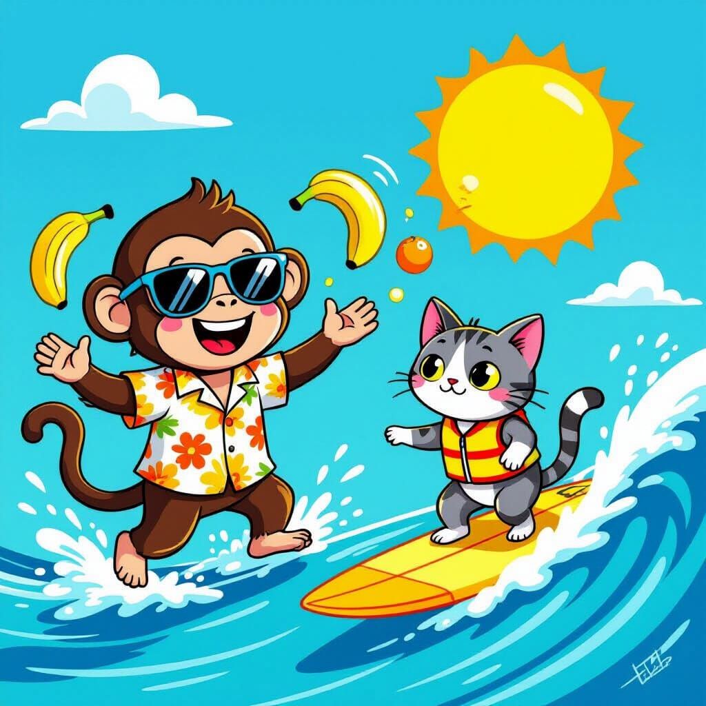 Cartoon Monkey and Cat in a Whimsical Style