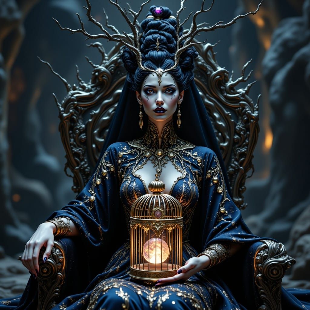 Regal Queen on Thorny Throne with Cosmic Birdcage