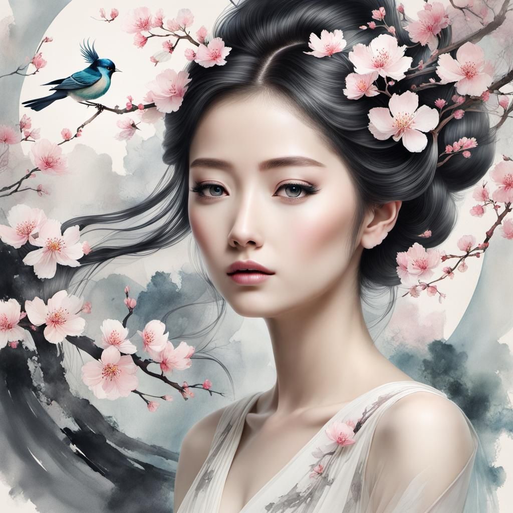 Goddess with Bird and Tree in Chinese Ink Style