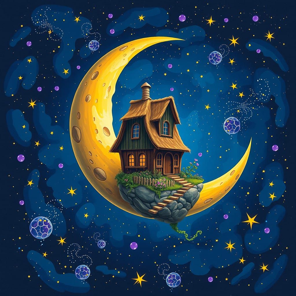 Fantasy House on Crescent Moon in Starry Night Sky with Intr...